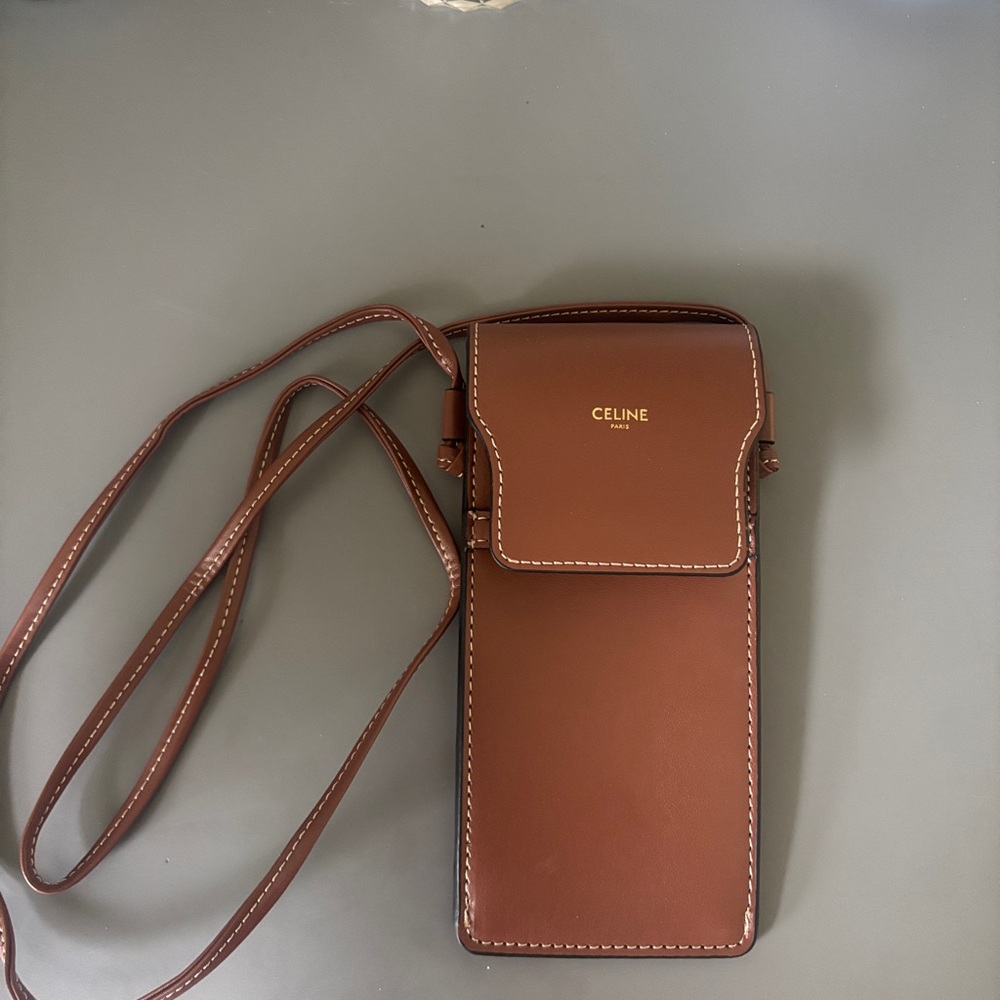 Celine Brown Leather Phone Crossbody Pouch with Contrast Stitching